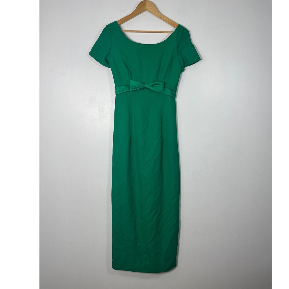 Vintage Jim Hjelm Occasions Womens 6 Column Gown Green Satin Bow Back Buttons